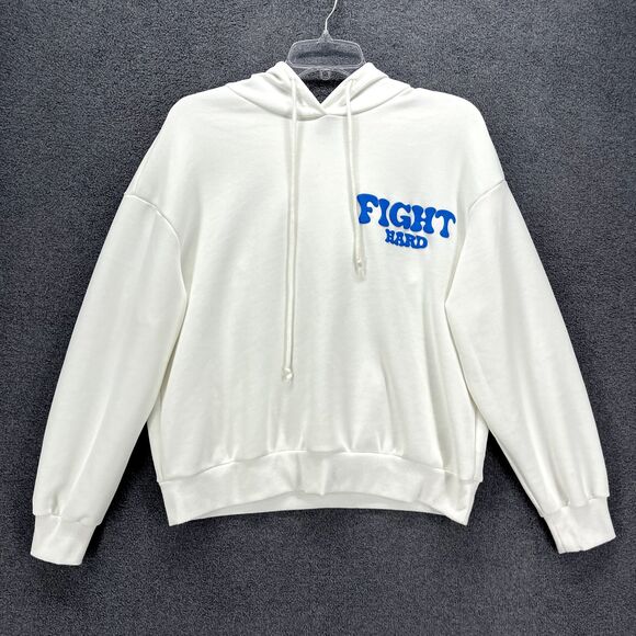 SHEIN Hoodie Womens XS White EZwear Blue Letter Graphic Drawstring Sweatshirt - Picture 1 of 16